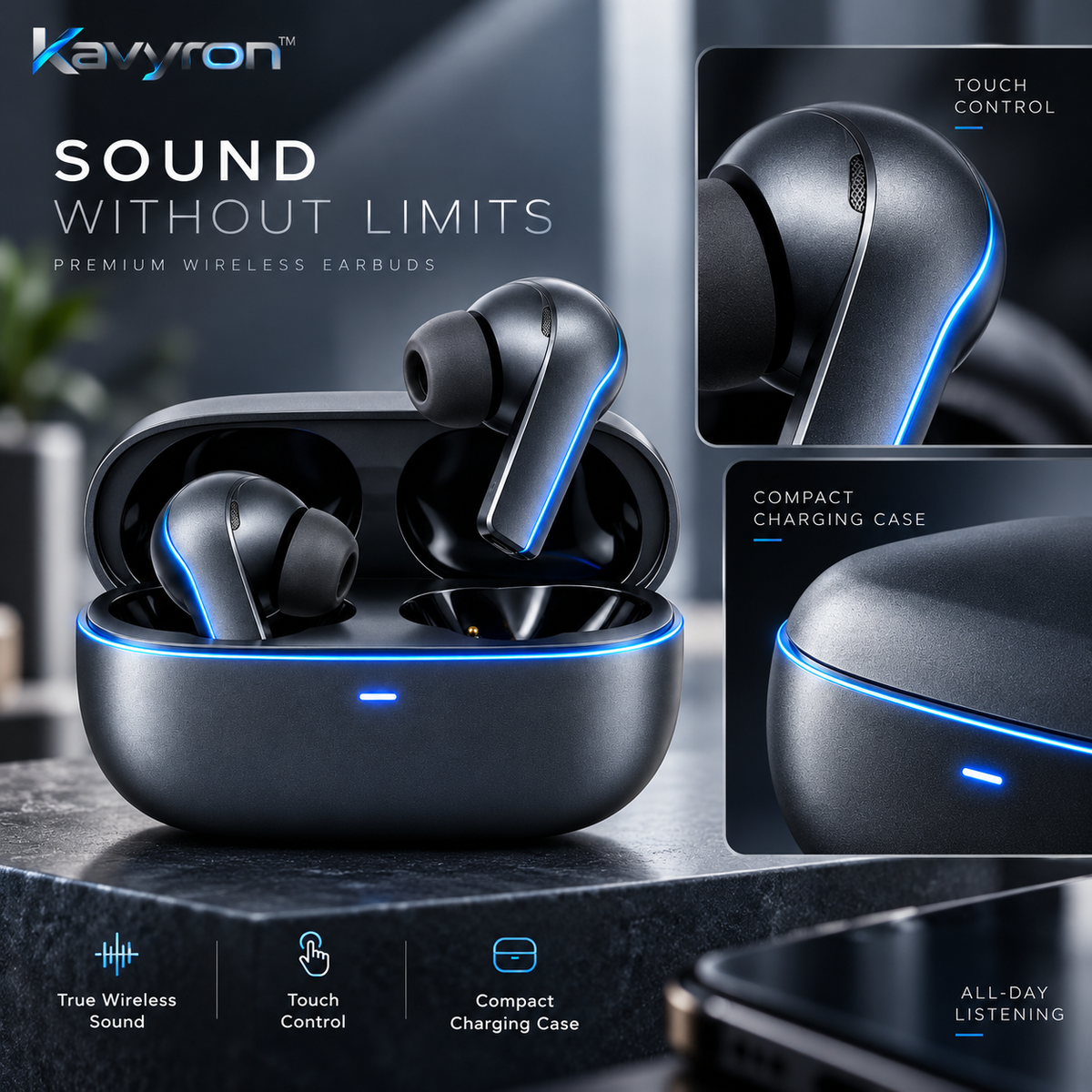 Kavyron™ AeroPulse True Wireless Earbuds with Charging Case