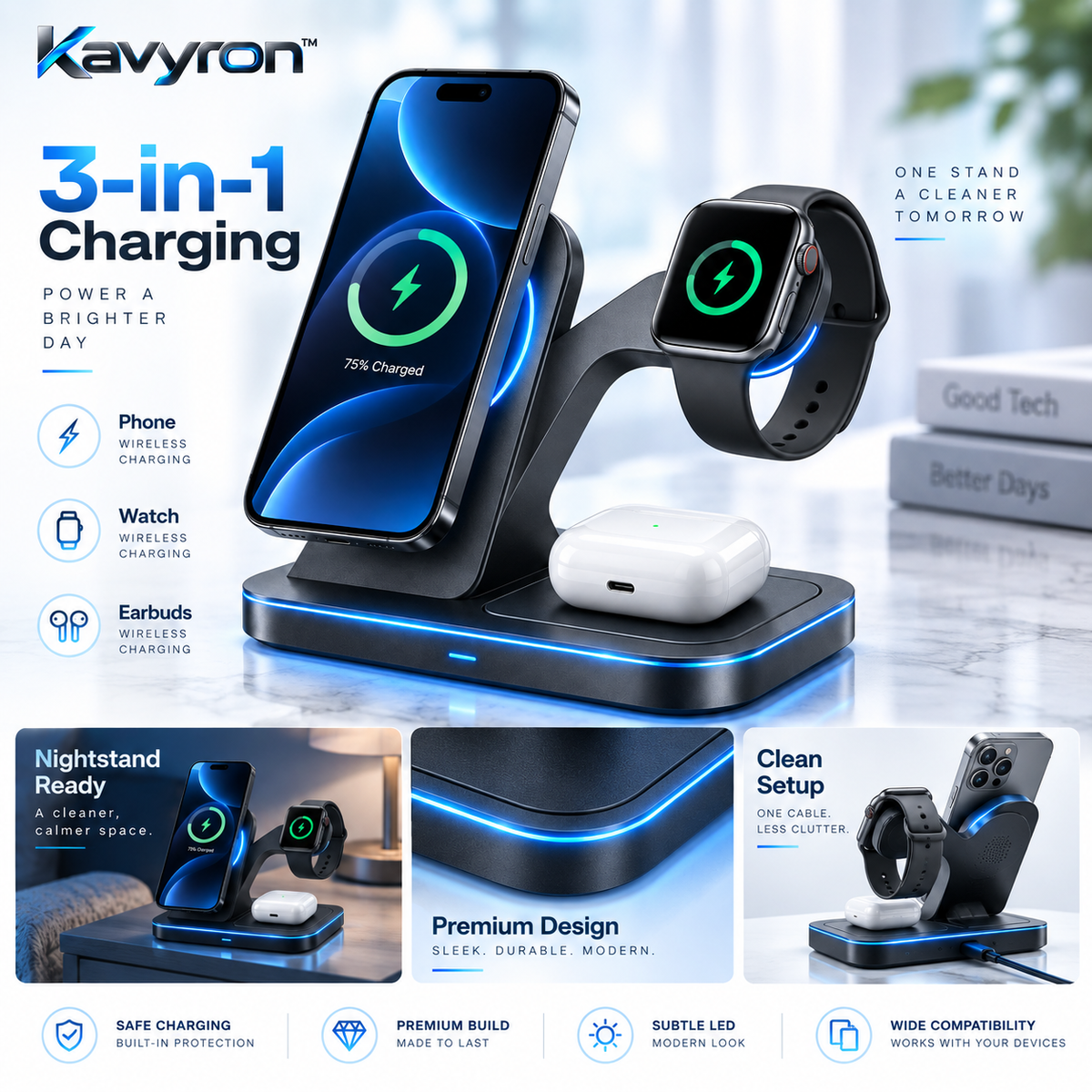 Kavyron™ TrioDock 3-in-1 Wireless Charging Station