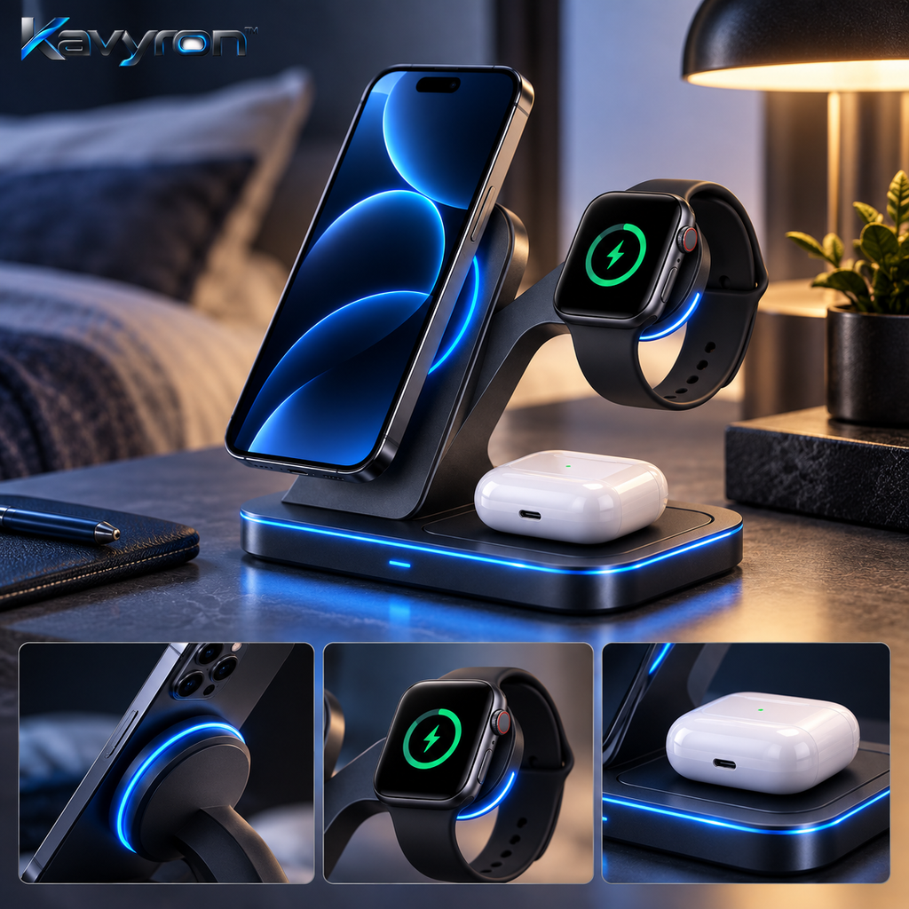 Kavyron™ TrioDock 3-in-1 Wireless Charging Station