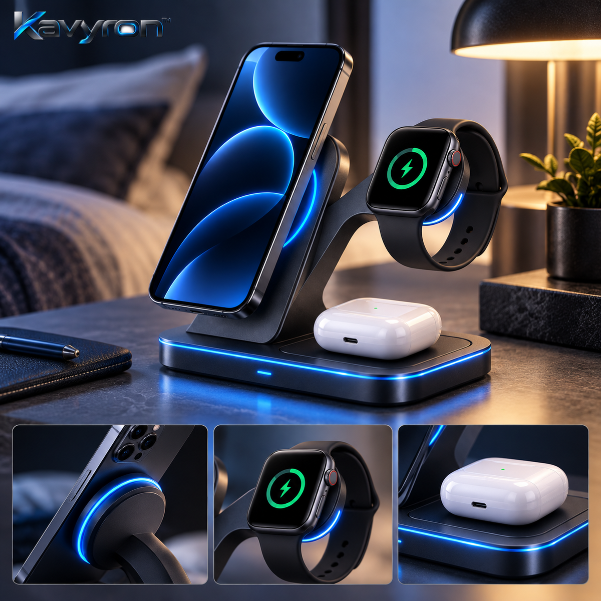 Kavyron™ TrioDock 3-in-1 Wireless Charging Station